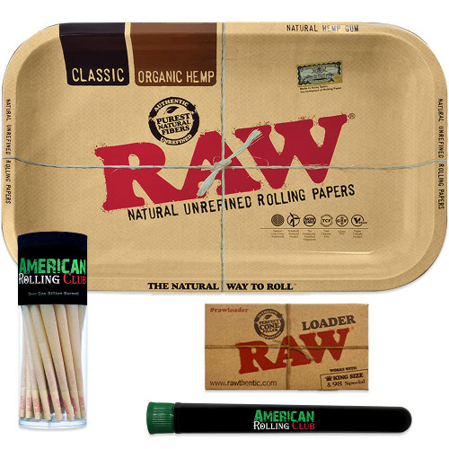 RAW Cones and Rolling Tray Combo | Includes RAW Classic Tray, RAW King Size Pre Rolled Cones 50 Pack, RAW Loader, American Rolling Club Tube (Small)