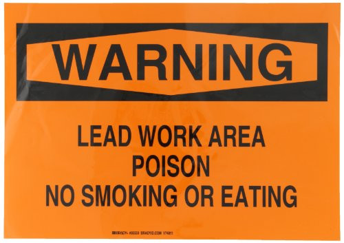 Brady 85550 14" Width x 10" Height, B-302 High Performance Polyester, Black on Orange Chemical and Hazardous Materials Sign, Header "Warning", Legend "Lead Work Area Poison No Smoking Or Eating"