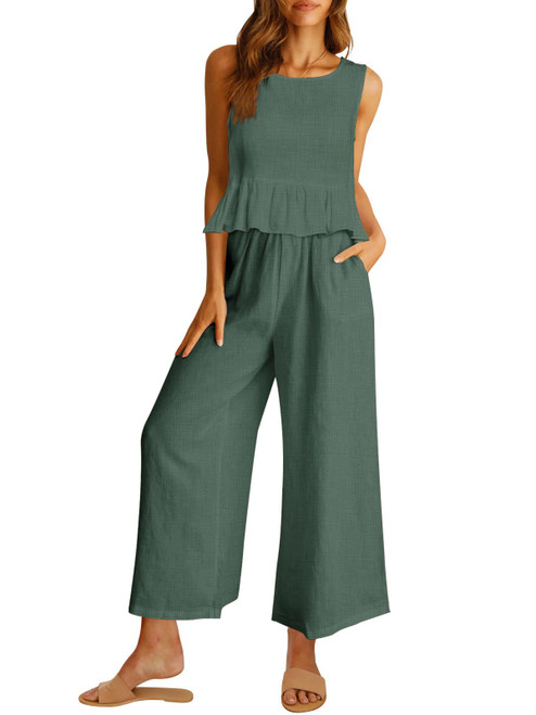 AUTOMET 2 Piece Sets for Women Summer Sets 2023 Vacation Nashville Outfits Sleeveless Linen Crop Top Casual Matching Lounge Comfy Tracksuits Long Pants Jumpsuits Airport Travel Clothes