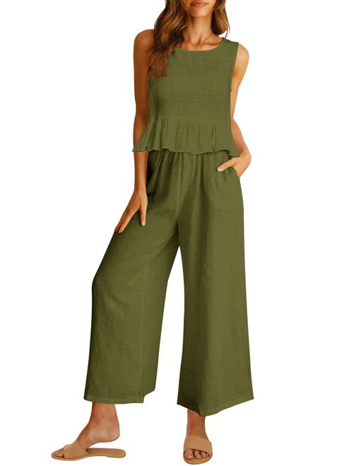 AUTOMET Two Piece Sets for Women Summer Spring Vacation Nashville Outfits Sleeveless Linen Crop Top Casual Matching Lounge Sets Comfy Tracksuits Long Pants Jumpsuits 2023 Fashion Clothes