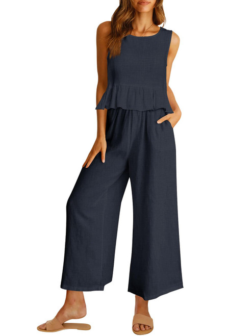 AUTOMET 2 Piece Outfits for Women Summer Sets Vacation Beach Sleeveless Linen Crop Tank Top Casual Matching Lounge Sets Comfy Tracksuits Long Pants Jumpsuits 2023 Spring Fashion Clothes