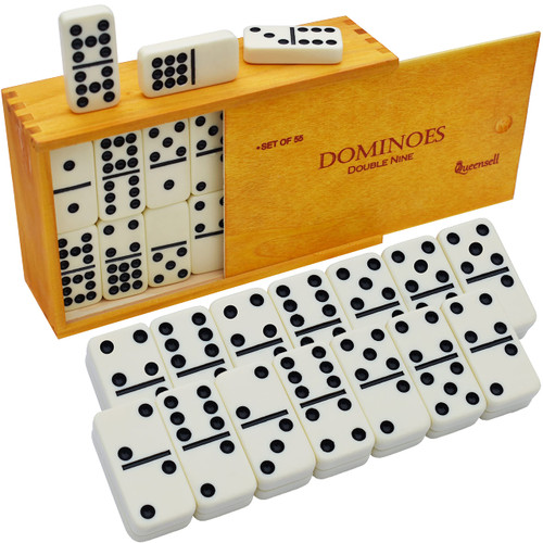 Dominoes Set for Adults for Families and Kids Ages 9 and up - Double Nine Dominoes Set for Classic Board Games - Domino Set for Family Games - Double Nine Dominos Set 55 Tiles with Wooden Case