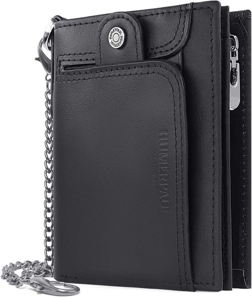 HUMERPAUL Chain Wallet for Men, Genuine Leather Bifold Wallets Rfid Blocking Men Purse with Zipper Coin Pocket (Black)