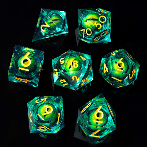 YEMEKO Beholder'S Eye DND Dice- Dragon Eye Liquid Core Sharp Edge Handmade Dice Set for Dungeons and Dragons Ttrpg, Multi-Sided RPG Polyhedral Resin Roleplaying ?Green Dragon Eyes?