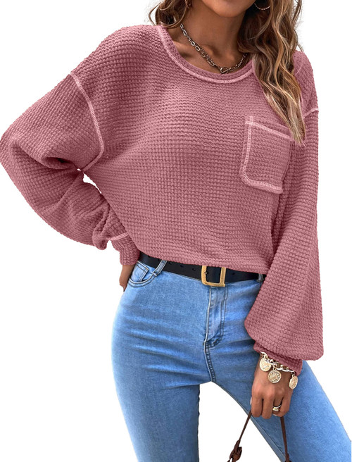 Prettywear Women's Casual Crew Neck Waffle Knit Tops Long Sleeve Drop Shoulder Shirt Loose Pullovers with Pockets(Rose?S)