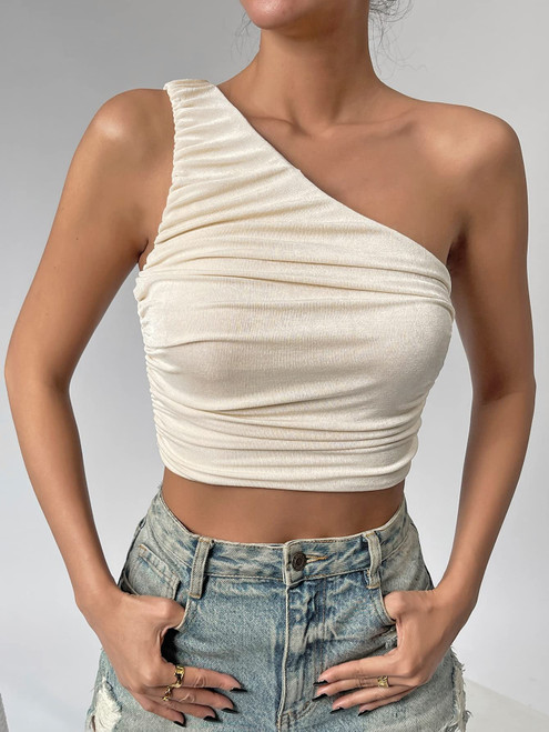 CRYBA Women's Shirts Women's Tops Shirts for Women One Shoulder Ruched Side Crop Top (Color : Apricot, Size : Medium)