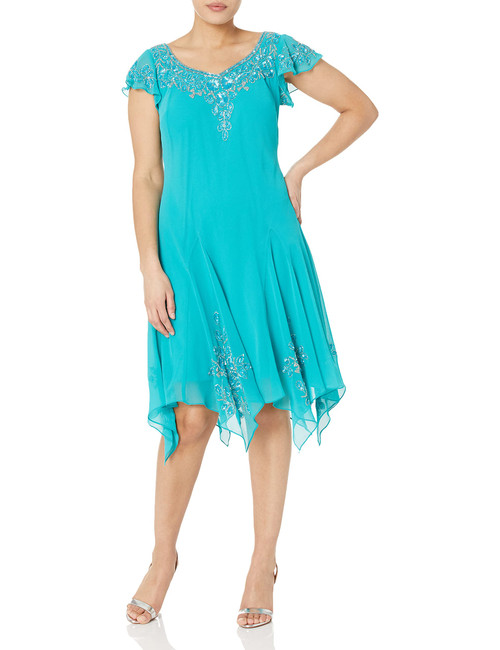 J Kara Women's Petite Flutter Sleeve Hanky Hem Short Cocktail Beaded Dress, Aqua/Multi, 6P