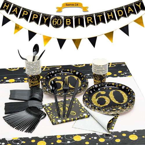 CrzPai 60th Birthday Party Supplies for 24 Guests, Black and Gold Tableware with Bunting Banners Disposable Dinnerware Set Paper Birthday Plates, Napkins, Cups, Tablecover, Forks, Knives and Spoons