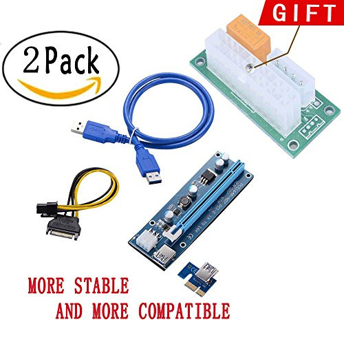 JIURUN 2-Pack PCIE Riser VER 007 PCI Riser and a Dual Power Starter Board 6 PIN 1x to x16 Powered Riser Adapter Card w/ 60cm USB 3.0 Extension Cable & PCI-E to SATA Power Cable - GPU Riser Adapter