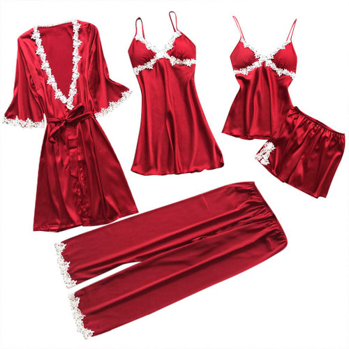 VEFSU Women Sexy Lace Lingerie Nightwear Underwear Babydoll Sleepwear Dress 5PC Suit(Red,M)