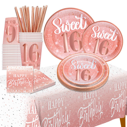 Sweet 16 Birthday Decorations for Girls - (Total 121pcs) rose gold Birthday supplies Plates and Napkins, Cups, Straws, tablecloth, Disposable Tableware for 24 Guests