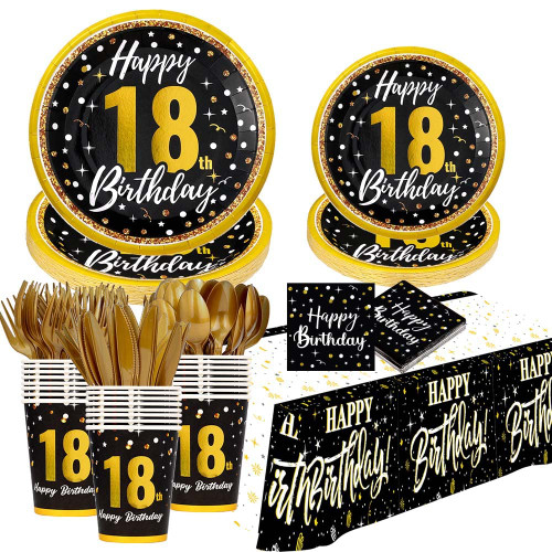18th birthday decorations for boys girls - (Total 169pcs) black gold Birthday supplies Plates and Napkins, Cups, Knives, Forks, Spoons Included, tablecloth, Disposable Tableware for 24 Guests