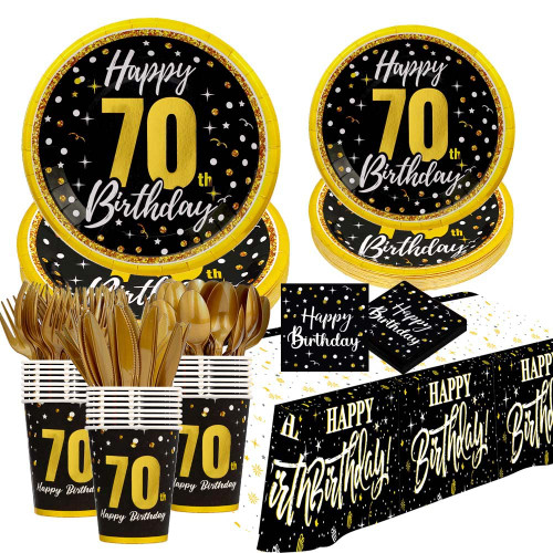 70th birthday decorations for men women - (Total 169pcs) black gold Birthday supplies Plates and Napkins, Cups, Knives, Forks, Spoons Included, tablecloth, Disposable Tableware for 24 Guests