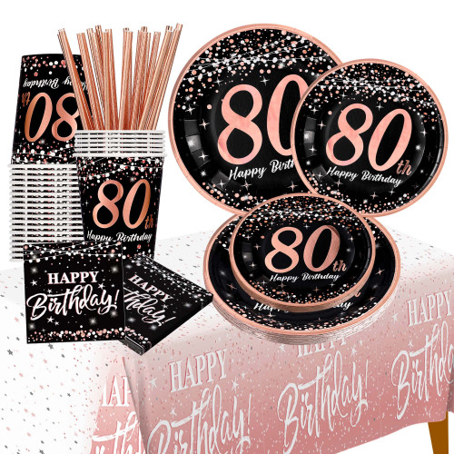 80th birthday decorations for women - (Total 121pcs) rose gold Birthday supplies Plates and Napkins, Cups, Straws, tablecloth, Disposable Tableware for 24 Guests