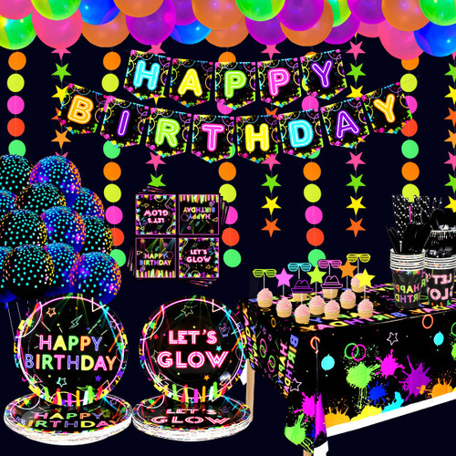 Glow Neon Party Supplies- Glow in the Dark Glow Happy Birthday Banner, Plates, Tablecloths, Cups, Napkins, Straws, Hanging Swirls, Neon Balloons, for Blacklight Party Decorations Serves 20 (Set-01)