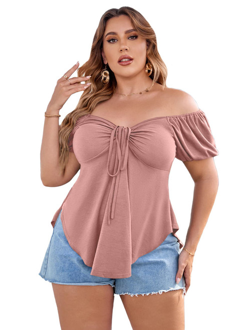 SOLY HUX Women's Plus Size Off Shoulder Tie Front Short Sleeve Curved Hem T Shirt Tops Pink 1XL