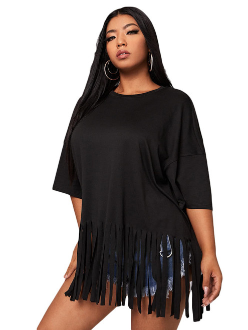 SOLY HUX Women's Plus Size Fringe Hem Half Sleeve Tee Casual Summer T Shirt Top Black 2XL SOLY HUX Women's Plus Size Fringe Hem Half Sleeve Tee Casual Summer T Shirt Top Black 2XL
