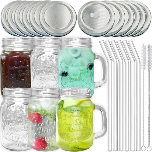 Pinkrella Mason Drinking Jars - Glass Mugs With handle 6 pack, Mason Jars With Sealed & Straw Lids, Glass Straws, & Cleaning Brushes, Drinking Glasses, Glass Mason Jar Mugs 16 oz