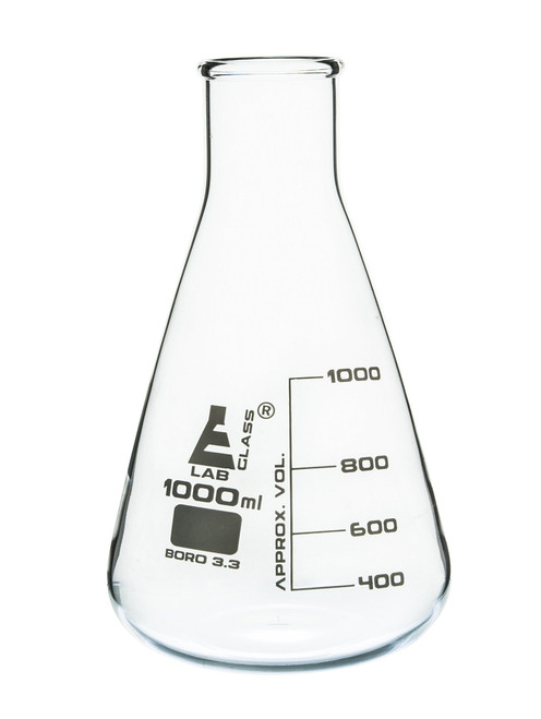Erlenmeyer Flask, 1000ml - Borosilicate Glass - Wide Neck, Conical Shape - White Graduations - Eisco Labs Erlenmeyer Flask, 1000ml - Borosilicate Glass - Wide Neck, Conical Shape - White Graduations - Eisco Labs