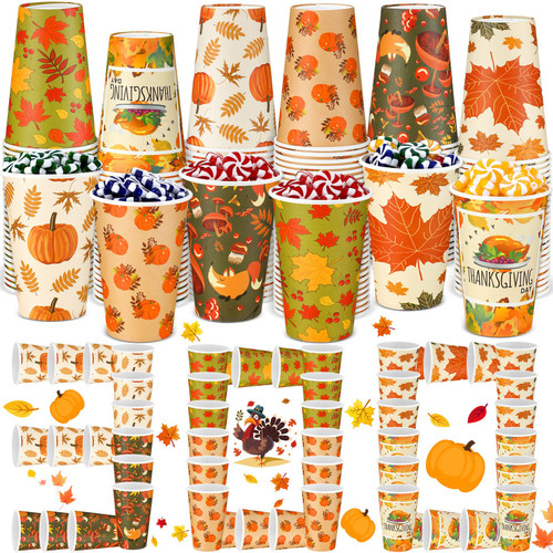 Dandat 300 Pcs 12 oz Halloween Paper Cups Disposable Pumpkin Ghost Skull Drinking Coffee Cups Halloween Disposable Coffee Cups for Halloween Decoration Drink Juice Candy Party Supply (Thanksgiving)