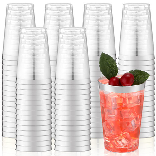 100 Pcs 12oz Plastic Cups Disposable Cups 12 oz Plastic Glasses Clear Plastic Tumblers with Rim for Birthday Wedding Party Elegant Wine Coffee Cocktail Cups (Silver)