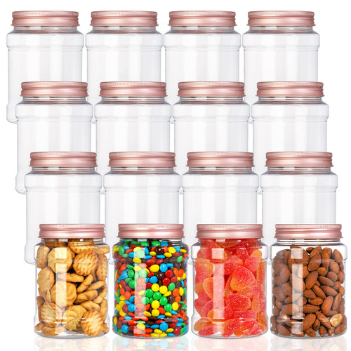 Fasmov 16 Pack 16 Ounce Clear Plastic Jars Containers with Rose Gold Lids, Round Empty Plastic Slime Storage Containers for Kitchen & Household Storage - BPA Free