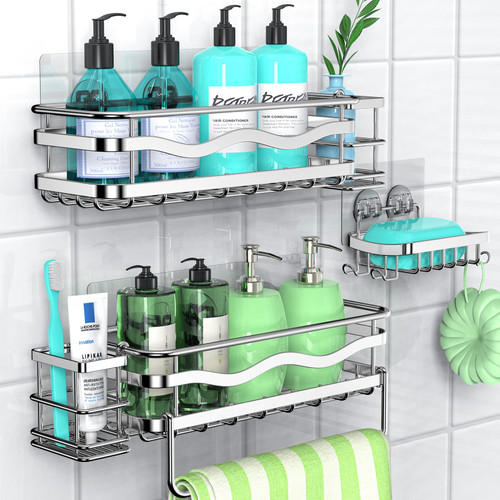 3Free 6 Pack Shower Caddy, Strong Adhesive Shower Organizer with Soap Holders No Drilling Shower Shelves, Rustproof SUS304 Stainless Steel Bathroom Shower Shelf for Inside Shower (Silver)