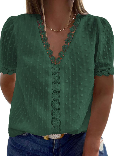 Happy Sailed Womens Plus Size Lace Crochet V Neck Short Sleeve Casual Summer Chiffon Blouses Tops,4X Green