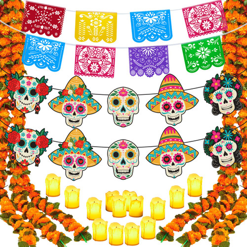 Juexica 50 Pcs Marigold Garland Mexican Banners Flameless Candles Skull Cardboard Mexican Party Decoration Plastic Papel Picado Banner Day of the Dead Decor for Mexican Party Papel Picado Fiesta