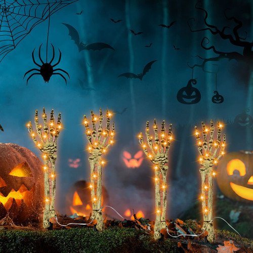 4 Pieces Skeleton Arm Stakes Halloween Decorations Skeleton Hand Light up Realistic LED Plastic Skeleton Waterproof Battery Powered with Timer for Outdoor Garden Lawn Halloween Party Decoration