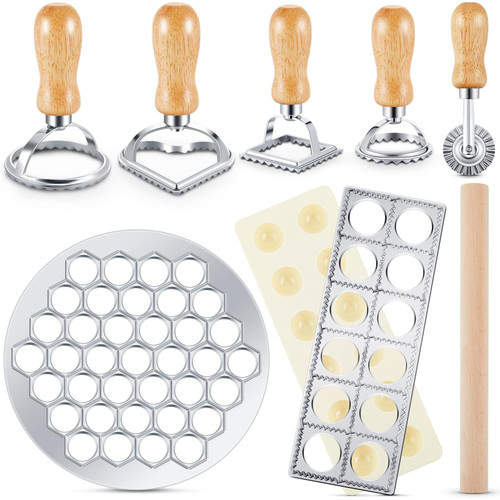 Geetery 8 Pieces Ravioli Mold Set 12 Holes Ravioli Maker Press 37 Holes Ravioli Maker Dumplings Mold Ravioli Stamp Maker Cutter with Wood Rolling Pin Ravioli Cutter Kit for Ravioli Pasta Making Tools