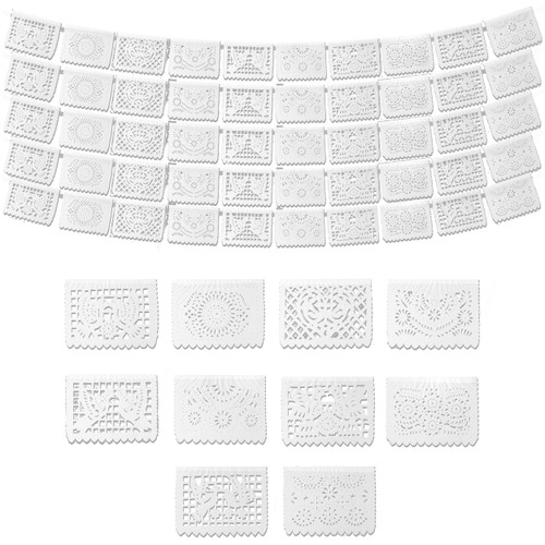 White Papel Picado Banner (5 Pack - 10 TISSUE PAPER Flag Designs per Banner / Not Plastic) - White Mexican Banners for Parties and Weddings - Mexican Themed Party Decorations - Papel Picado Mexicano para Decoraciones Mexicanas