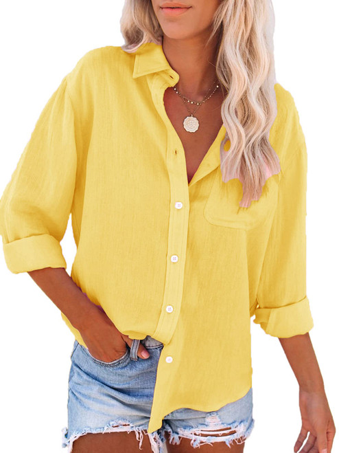 Paintcolors Women's Button Down Shirts Cotton Long Sleeve Blouses V Neck Casual Tunics Solid Color Tops with Pockets-Yellow03 XXL