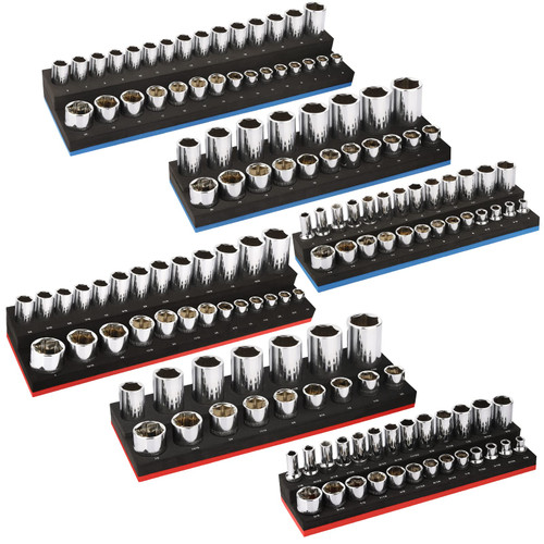 Socket Organizer Set, 6PCS Socket Holder for Metric and SAE 1/2'', 3/8'', 1/4'' Sockets with Accurate Size, design for Toolbox and Tool Cart Socket Storage (60 Degree EVA foam, Sockets not included)
