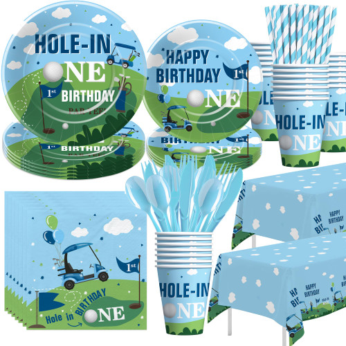 Xigejob Golf First Birthday Party Supplies - Hole In One Birthday Decorations Tableware, Plate, Cup, Napkin, Tablecloth, Cutlery, Golf Party Decorations Dinnerware For Kids 1st Birthday | Serve 24