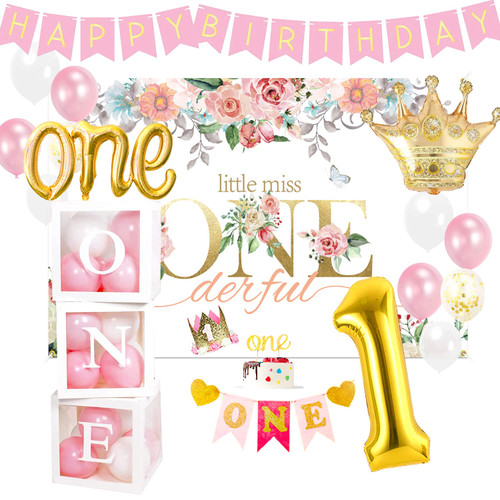 PYCALOW First Birthday Decorations Girl - 1st Birthday Baby Girl Decorations Include Balloons Box, Backdrop, Crown, Banner, High Chair Banner, Topper, Baby First One Year Old Girl Party Supplies PYCALOW First Birthday Decorations Girl - 1st Birthday Baby Girl Decorations Include Balloons Box, Backdrop, Crown, Banner, High Chair Banner, Topper, Baby First One Year Old Girl Party Supplies