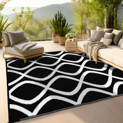 wikiwiki Outdoor Rug, 5x8ft Waterproof Reversible Mat Indoor Outdoor Rugs Carpet, Small Area Rug Plastic Straw Rug for Patio Deck Balcony Pool RV Camping Beach Picnic, Black & White