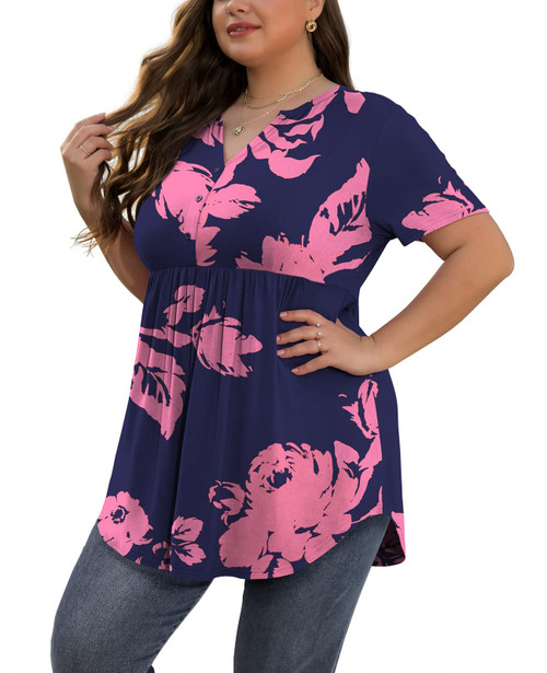 SHIJIALI Women's Plus Size Henley Shirts V Neck Button Tunic Tops Casual Short Sleeve Swing Flowy Blouse FP Shadow Rose-3X-Large