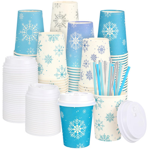 Suttmin Christmas Snowflake Disposable Coffee Cups Hot Coffee Paper Cups with Lids and Straws Disposable Coffee Espresso Cups Tea Cups for Christmas Holiday Party Supplies (Snowflake Style, 16oz)