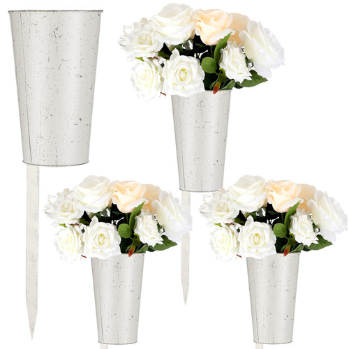 Uiifan 4 Pcs Metal Cemetery Vases for Grave Memorial Grave Vases for Cemetery with Stake Graveside Flower Holder Grave Flower Vase for Grave Outdoor Lawn Yard Funeral Decorations