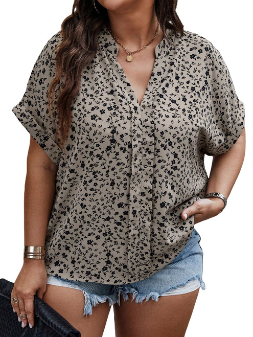 SOLY HUX Women's Plus Size Allover Printed Notched V Neck Short Sleeve Casual Blouse Tops Khaki Floral 2XL SOLY HUX Women's Plus Size Allover Printed Notched V Neck Short Sleeve Casual Blouse Tops Khaki Floral 2XL