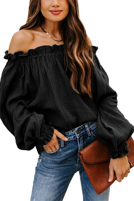 Women's Off The Shoulder Blouse Tops Casual Ruffle Long Sleeve Summer Tunic Shirts Black M