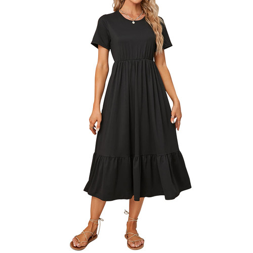 Summer Maxi Dresses for Women 2023, Casual Short Sleeve Crewneck Flowy Long Dresses Tiered Swing Beach Dress with Pockets(Black, L)