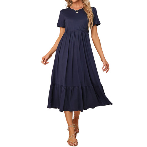 Summer Maxi Dresses for Women 2023, Casual Short Sleeve Crewneck Flowy Long Dresses Tiered Swing Beach Dress with Pockets(Navy, L)