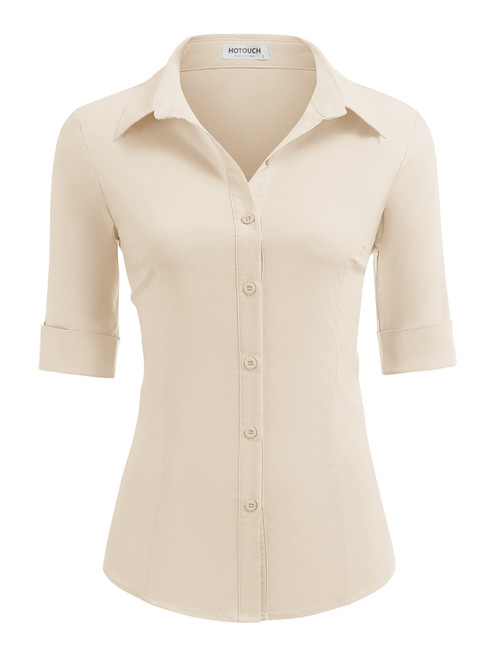 HOTOUCH Womens Cotton Button Down Fitted Button Up Server Uniform Shirt Khaki, Small, 3/4 Sleeve