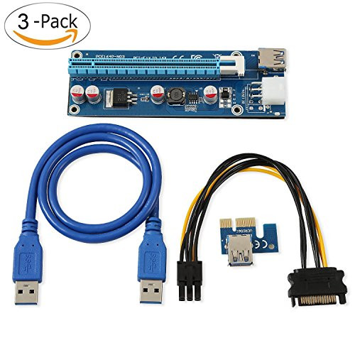 3 Pack PCIe Riser VER006C, PCI-E 1x to 16x Powered Riser Adapter Card, 60cm USB 3.0 Extension Cable, 6pin Molex to SATA Power Cable, GPU Riser Adapter Ethereum Mining ETH
