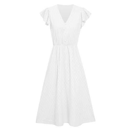 Casual Sundresses for Women Women Solid Color Short Sleeve Flutter Sleeve V Neck Buttoned Dress Casual Sundresses for Women Women Solid Color Short Sleeve Flutter Sleeve V Neck Buttoned Dress