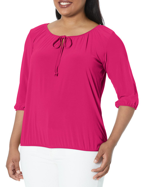 Star Vixen Women's Plus Size 3/4 Sleeve, Front Tie Peasant Top, Fuchsia, 3X