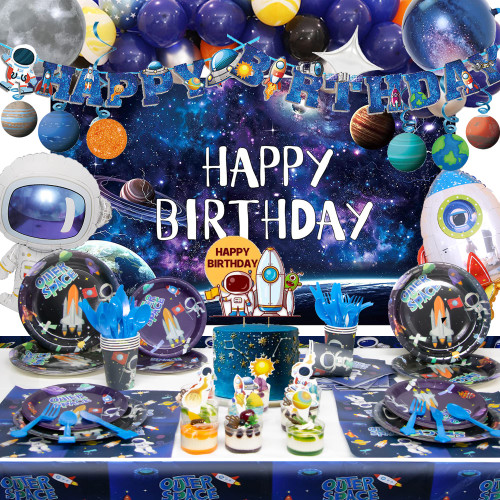 Outer Space Birthday Party Supplies, Outer Space Party Decorations Includes Space Balloon, Happy Birthday Banner, Cake Topper, Plates, Napkins, Cup, Tablecloth , Foil Balloon and Backdrop for Space Theme Birthday Decorations