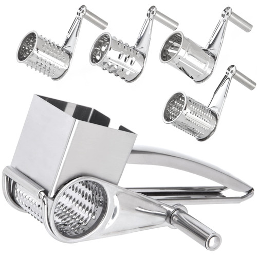 4 in 1 Rotary Cheese Grater, Cheese Cutter Slicer Shredder with 4 Blades and Handle, Stainless Steel Manual Handheld Grater for Grating Hard Cheese Chocolate Nuts